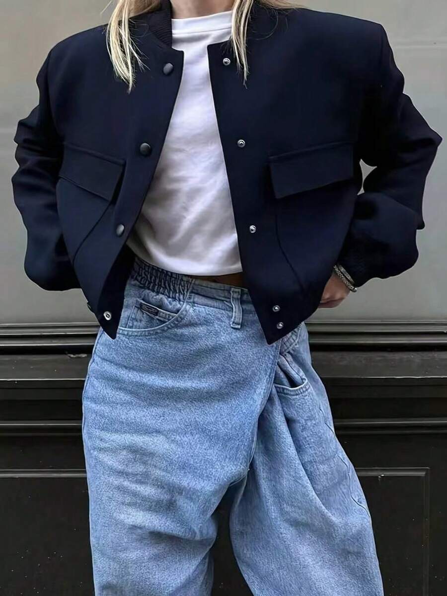 女士时尚短款棒球领长袖梭织面料休闲上衣