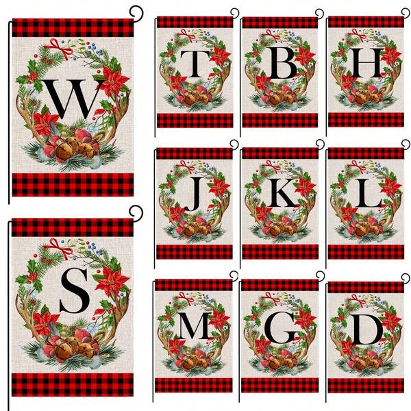 1pc, Christmas Family Monogram Last Name Monogram Letter Garden Flag 12x18 Inch Double Sided, Christmas Decorations For Winter Holiday Farmhouse Rustic Pasture Porch Decoration(ONLY FLAG)