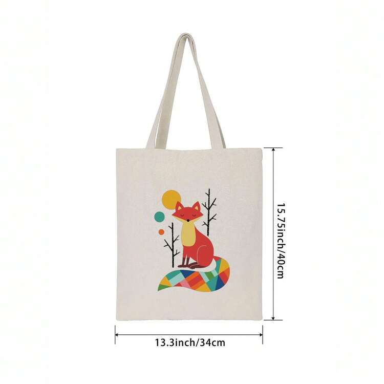 Stylish Rainbow Fox Canvas Tote Bag - Durable Shoulder Handbag With Vibrant Animal Design, Spacious Square Shape For Everyday Use - 白色 - 查看 5