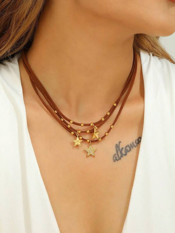 1 قلادة نجمة من الفولاذ المقاوم للصدأ باللون الذهبي الأنيق، قلادة للنساء للاستخدام اليومي، سلسلة من الجلد البني مع خرز ذهبي، هدية مجوهرات بسيطة