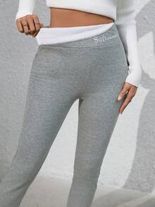 Women'S High-Waisted Fleece-Lined Embroidered Leggings - Thermal Winter Workout Pants With Medium Stretch,  Solid Color Casual Athletic Wear For Gym, Training & Casual Attire, Workout Leggings, Gym Apparel, Stylish Sportswear, Soft Fabric, Comfortable Fit Fleece Lined Leggings, Winter & Fall Casual Thermal Leggings, Women's Clothing  Active Wear Women   Summer  Gym Mujer  Gym Mujer  Workout Clothes For Women  Sweatshirts For Women  Women's All Season Clothes Women's Spring Clothes Women's Summer Clothes Women's Year Round Outfits Spring Fashion For Women Summer Fashion For Women - 灰色 - 查看 8