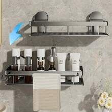 No-Drill Wall-Mounted Aluminum Bathroom Shelf | Heavy-Duty Detachable Design, Stylish Gray Suction Cup Storage Rack | Wall-Mounted Organizer With Drainage Tray & Hooks For Towels | Suitable For Glass And Smooth Surfaces, Shower Storage Solution - Multicolor - View 9
