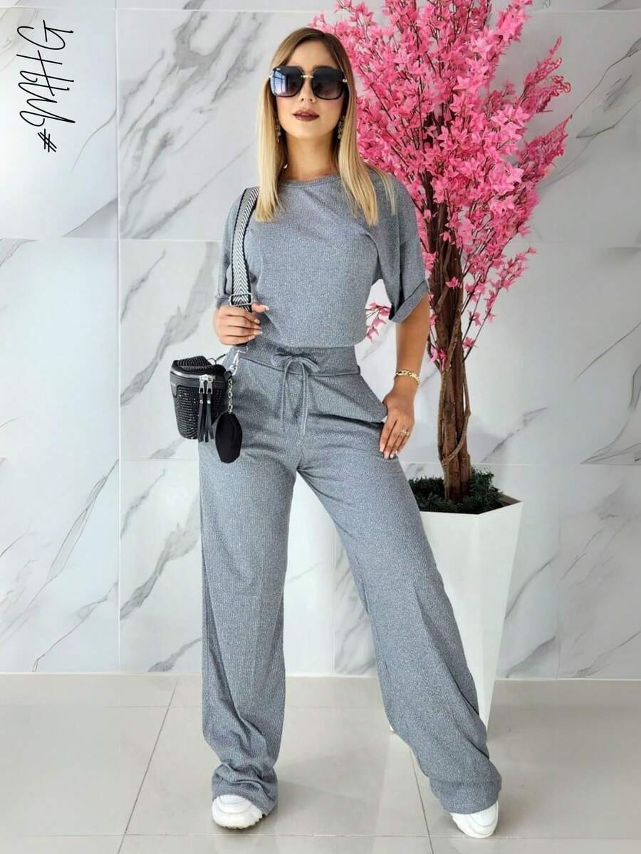 Camiseta de cuello redondo y mangas estilo murciélago y pantalones con cordón en la cintura, ideal para otoño - verano- invierno, comodo, tiro alto, bonito, comodo, casual, informal, oficina, calle, regalo,