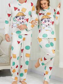 CRAYON SHINCHAN 2pcs Crayon Shin-Chan Milk Silk Soft & Skin-Friendly Cartoon Print Pullover Sweatshirt & Long Pants Men Pajama Set, Random Print, Spring/Autumn - Beige - View 5