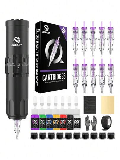 DQFART Kabelloses Tattoo-Pistolen-Set mit 1500mAh Stromversorgung, 6 Hubhöhen, Digitalanzeige, Komplettset mit Tattoo-Maschine, Tattoo-Nadeln und Tattoo-Farbe, geeignet für Anfänger und Tattoo-Künstler