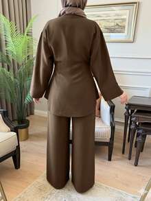 SMILE CHIC 棕色休闲褶皱开叉下摆收腰衬衫和裤子两件套，显瘦修身，适合约会和日常穿着，秋冬 - 棕色 - 查看 7