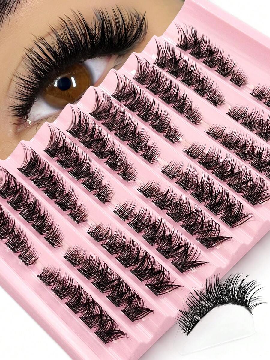 Asiteo 100pcs D-Curl Fluffy Cluster False Eyelashes, Thick & Dense Segmented False Eyelash Clusters, Thick & Dense False Eyelash Extensions - 黑色 - 查看 1
