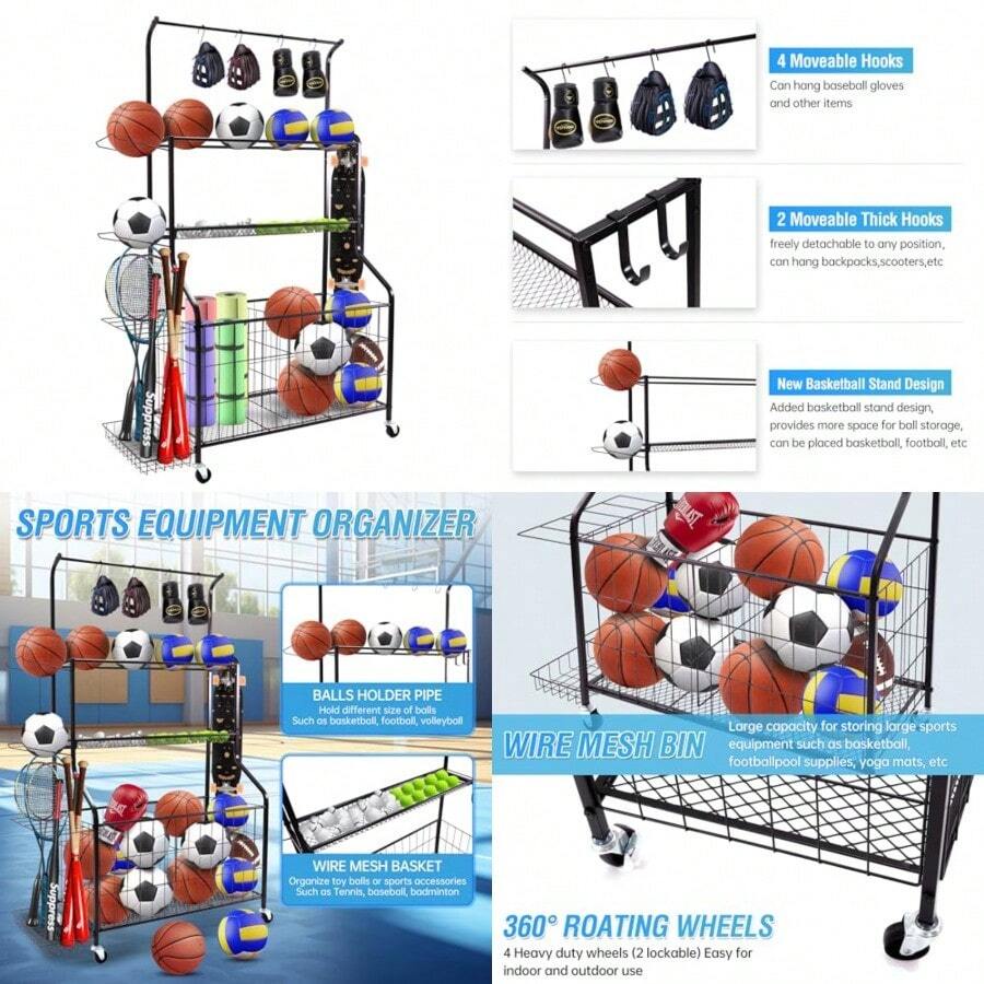 Sport Euipment Storage Garage Sports Equipment Organizer Ball Storage Rack For Sport Gear Rolling Sports Ball Storage Cart With Wheels Indoor/Outdoor - As Pic - View 1