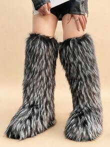 2025 Autumn/Winter New High Boots & Over-The-Knee Snow Boots, Warm Faux Fox Fur Boots, Faux Raccoon Fur Fashion Boots - Black - View 2