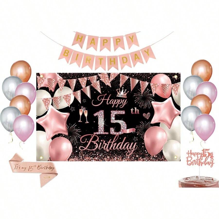 Black Pink Happy 15th Birthday Banner Backdrop Kit With 12 BalloonsCake Topper1.8m X 1.15m Birthday Decorations For Parties Photography Premium Party Supplies For Women Girls
