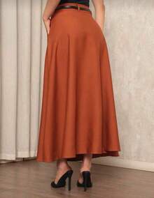Women's Long Round Skirt Tailoring Evangelical Fashion Casual Basic Winter High Waist Elegant - 亮橙色 - 查看 3