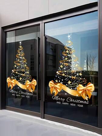 골드 크리스마스 트리 스티커 DIY, 메리 크리스마스 창문 유리문 정전기 스티커, 창문 장식 스티커, 홀리데이 패턴, 모던 스타일, 접착제 불필요, 시즌 장식, 홀리데이 선물, 홀리데이 쇼퍼