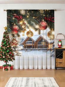 1 pieza Cortina transparente decorativa navideña, adecuada para sala de estar, dormitorio, cocina, fiesta navideña, árbol de Navidad, luces de Navidad, globos dorados, ramas de Navidad, 100g/㎡