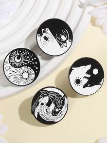 4 piezas Alfileres de solapa personalizados con diseño de Yin-Yang, Bagua, Koi, sol, luna y gato en esmalte como regalo para niños y amigos