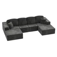 Devoko 126'' Modular Sectional Sofa, Convertible U Shaped Cloud Couch, Corduroy Boneless Sectional Couches For Living Room, No Assembly Required - 黑色 - 查看 9