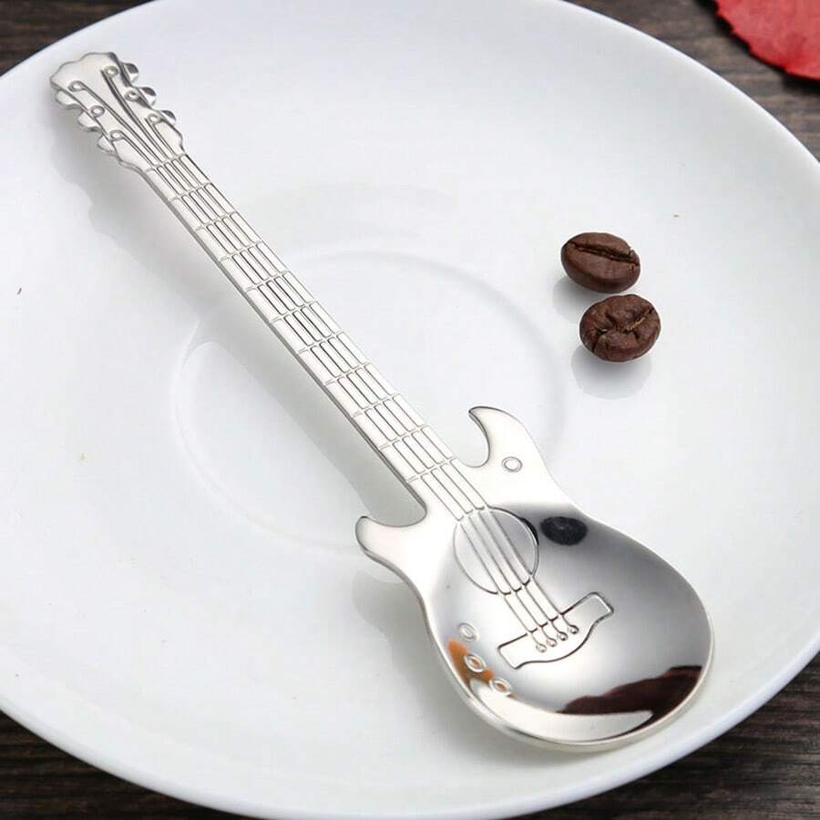 1/2 colheres de aço inoxidável 304 em formato de guitarra, cor prata, adequadas para casa, cozinha, restaurante - perfeitas para salada, sobremesa e feriados - Prata - Ver 1