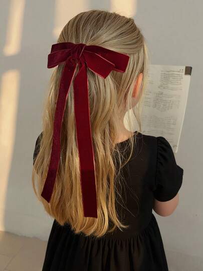 1pc Satin Elegant Burgundy Bow Hair Clip, Hair Band, Ponytail Holder, Metal Butterfly Hair Accessory, Girls Birthday Hair Decor, Teen Hair Claw Clip, School Supplies