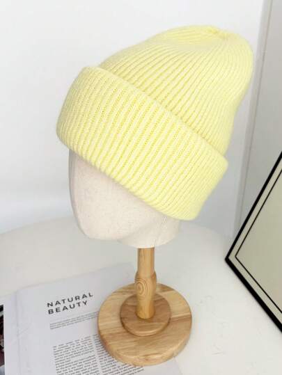 1pc Women's Solid Color Double-Layer Cuffed Fashionable Knit Hat, Warm For Outdoor Use In Autumn/Winter