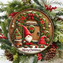 1pc Simple Round Christmas Metal Sign With Holiday Green Foliage - Gold Welcome Plaque, Suitable For Indoor/Outdoor Farmhouse Holiday Decor, Snowflake Wreath And Holly Berry Design, Gift Idea, Seasonal Home Decor, Weather-Resistant Decoration, Handmade Appearance, Home Decor, Perfect For Room Decor, Classroom Supplies, Ideal For Farmhouse Design, Seasonal Celebration, Outdoor Thanksgiving Decor, Garden Party Metal Christmas Decorations