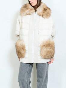 Women's Casual Plain Padded Coat With Faux Fur Collar And Pockets Warm Lined Quilted Regular Length Winter Jacket With Double Zipper - White - View 1