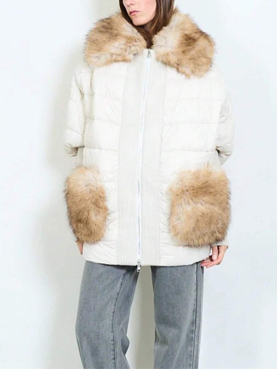 Women's Casual Plain Padded Coat With Faux Fur Collar And Pockets Warm Lined Quilted Regular Length Winter Jacket With Double Zipper - White - View 1
