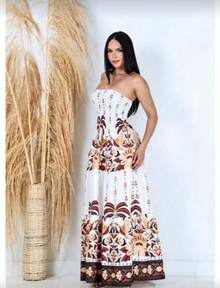 Women's Strapless Tropical Print Dress - 棕色和白色 - 查看 4