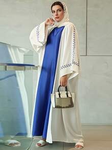 1pc Elegant Embroidered Cuff Simple & Dignified Hijab + Open Abaya, Arabic Embroidered Long Robe Fashion Outerwear Abaya, Suitable For Women's Daily Wear, All Season - 彩色 - 查看 4