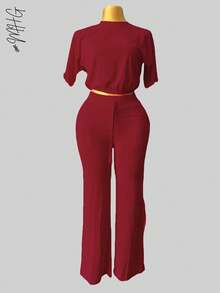 Camiseta de cuello redondo y mangas estilo murciélago y pantalones con cordón en la cintura, ideal para otoño - verano- invierno, comodo, tiro alto, bonito, comodo, casual, informal, oficina, calle, regalo, - Color caoba - Ver 3