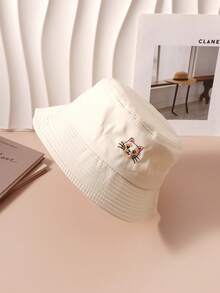 1pc Women's Beige Embroidered Cat Canvas Bucket Hat, Unisex Regular Style, Fashion & Versatile Sun Hat