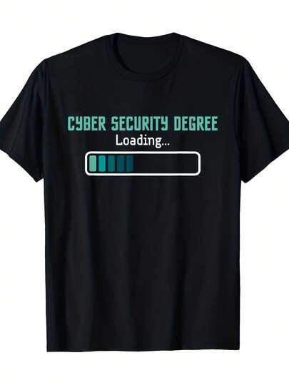 Men's Cyber Degree Loading Bar Graphic T-Shirt - 100% Cotton IT Tech Enthusiast Tee With Loading Icon & Code Print, Casual Short Sleeve Round Neck Shirt For Computer Science Graduates & Cybersecurity Students