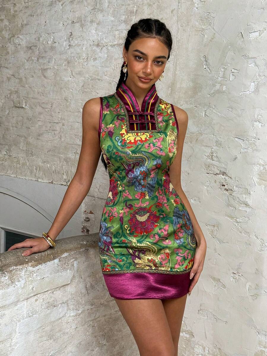Elegantes ärmelloses Cheongsam: Neues chinesisches Kleid mit Mandarin-Kragen, dekoriert mit Blumen- und Drachen-Stickerei. Mit exquisiten Froschknöpfen und luxuriösen Besätzen. Perfekt geeignet für große Galas, formelle Abendessen, Hochzeiten, Jahrestage und hochwertige Unternehmensveranstaltungen. - Verschiedenfarbig - Übersicht 1