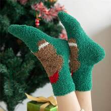 Christmas Men Winter Cozy Red Color With Green Trees Warmly Soft Fuzzy Circle Comfort Fluffy Long Crew Socks