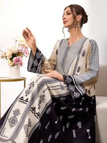 女士优雅花卉图案长袖V领复古连衣裙，适合日常穿着 - 彩色 - 查看 1