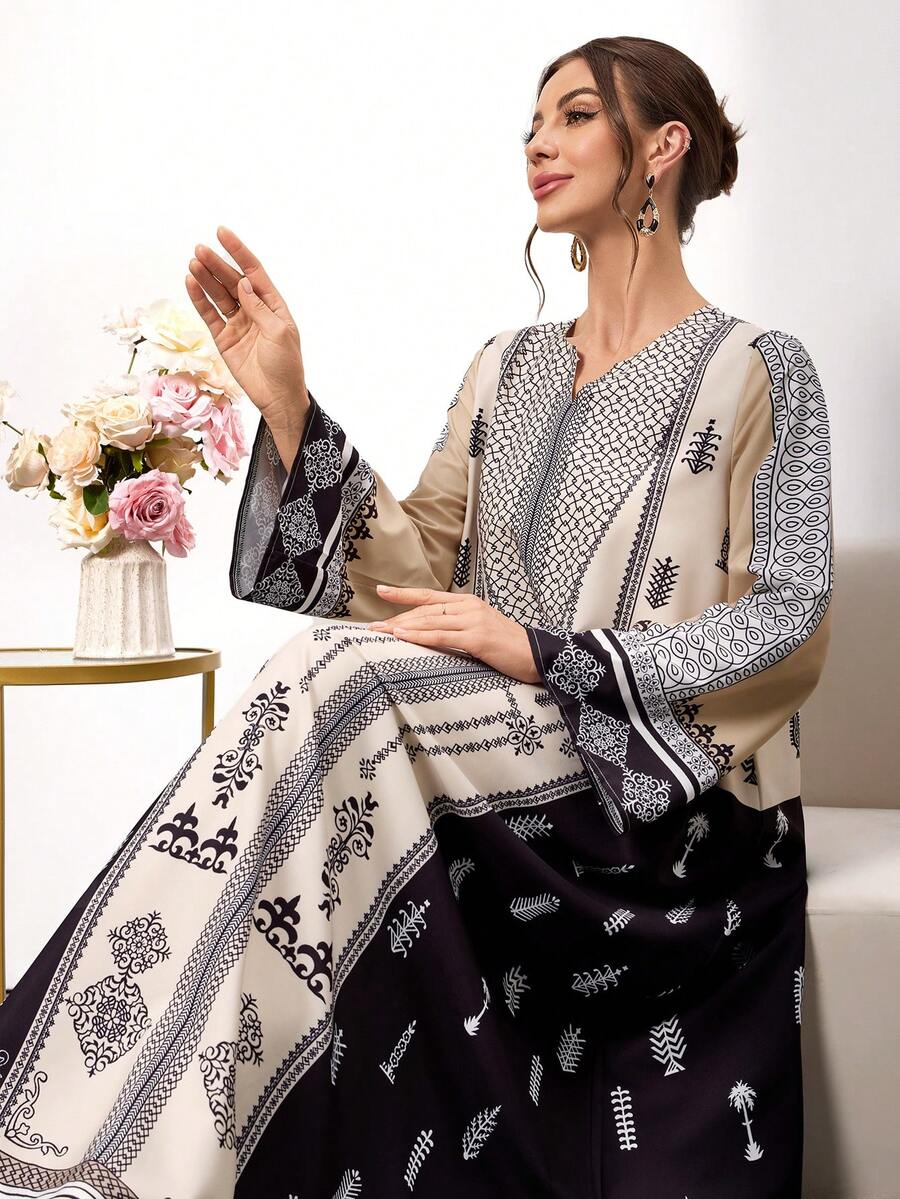 女士优雅花卉图案长袖V领复古连衣裙，适合日常穿着 - 彩色 - 查看 1