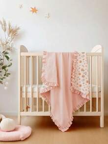 1pc Soft Cotton Floral Baby Blanket With Ruffled Edges, Cozy Infant Crib Quilt - Pink - View 2
