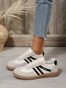 Zapatillas casuales de estilo vintage con cordones y bloque de color de punta redonda para mujer, primavera/otoño 2025