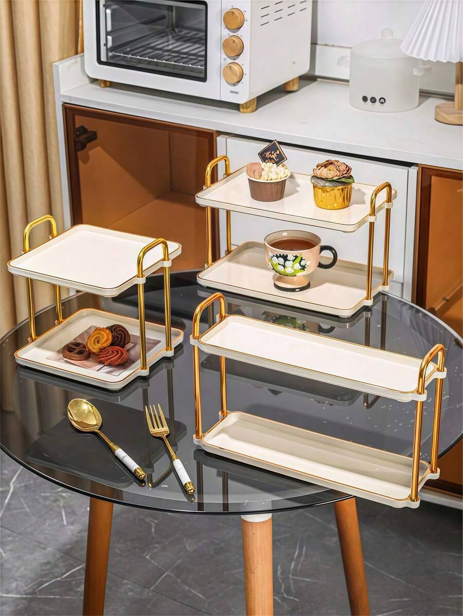 TWO-Tier Tray Decor, Fall Decorations For Home, Wedding Decorations Centerpiece, Food Display Stands For Desserts Snacks, Soporte Para Pastel, Adjustable Tiered Serving Tray For Kitchen, Dining Table, Party, Cake Stand, Modern Luxury Design With Handle For Home Use - 白色 - 查看 1