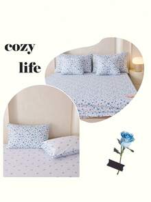 1pc Printing Fitted Sheet Only, Easily Fits 9 Inch To 12 Inch Mattress, Soft, Wrinkle Free, Breathable And Comfy, For All Size Bed, Machine Washable. Chic Blue Flowers Decorative Bed Sprea Fitted Sheet For Bedroom Dorm Essentials, Oeko-Tex Certified