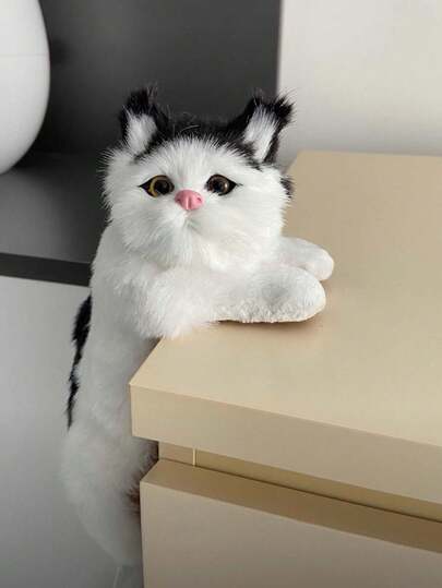 1 Handmade Plush Cat Toy, Simulated Plush Cat Statue, Blue Eyes And Pink Nose, No Need To Charge Home Decoration, Suitable For Kitchen, Living Room Or Wedding Gifts, Living Room Accessories "Tongzhen Cat Statue | Pink Nose Design Christmas Decorations, Room Decorations, Home Decor, Household Items