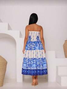 Women's Strapless Tropical Print Dress - Màu xanh lam - Xem 3