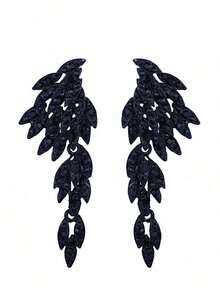 1 Pair Retro Black Rhinestone Angel Wings Design Earrings, Suitable For Women's Wedding, Party Dress Accessories - 黑色 - 查看 1