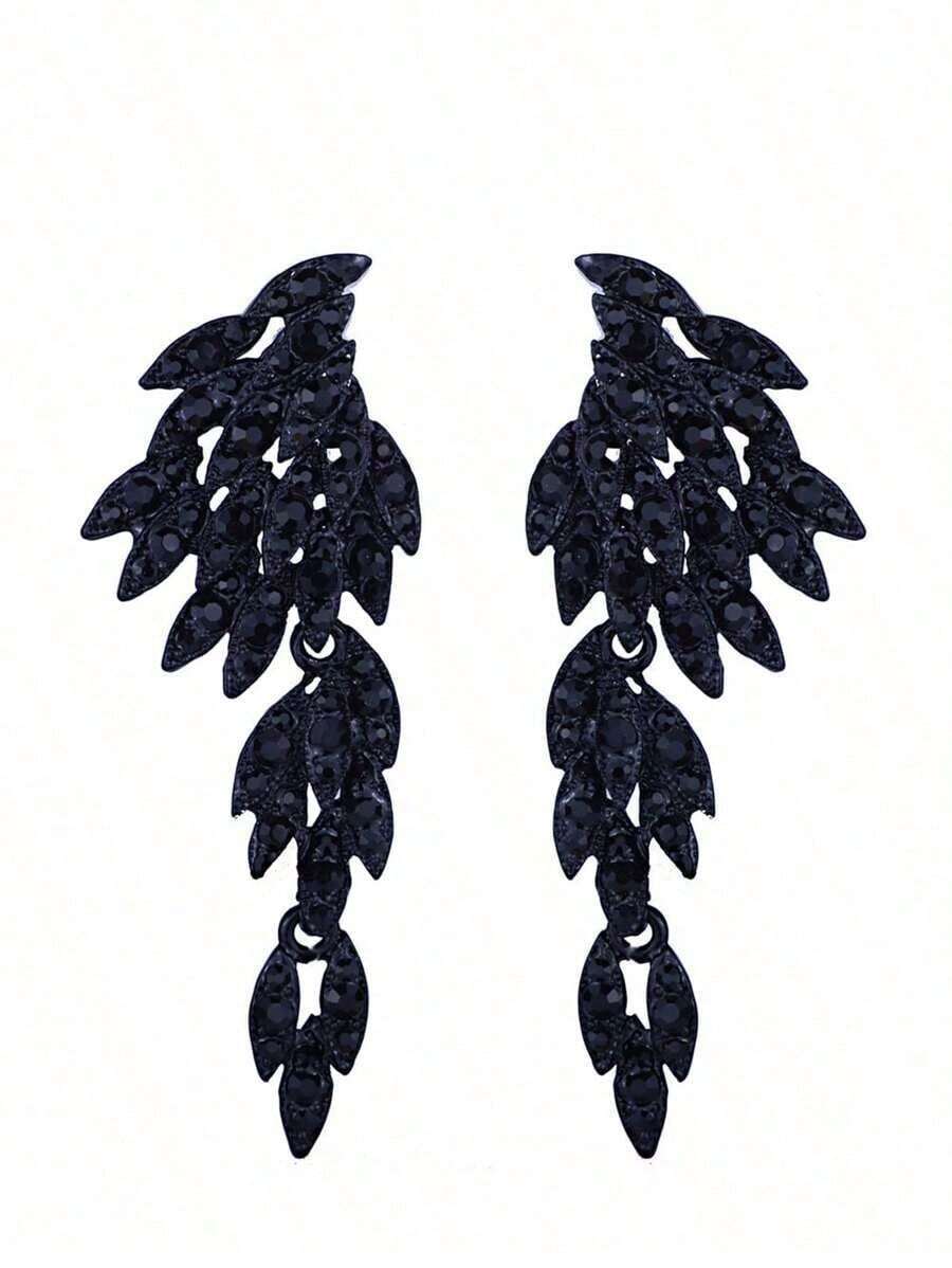 1 Pair Retro Black Rhinestone Angel Wings Design Earrings, Suitable For Women's Wedding, Party Dress Accessories - 黑色 - 查看 1