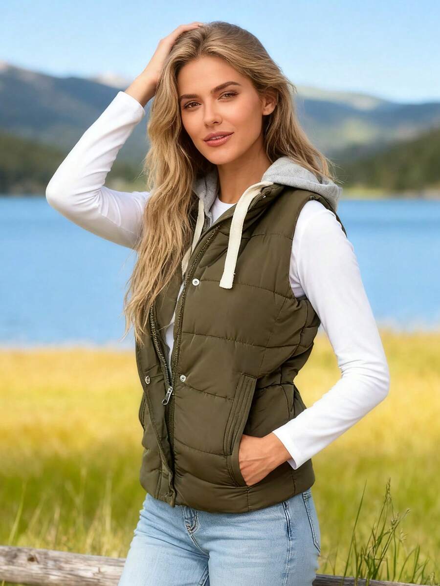 Women's Hooded Puffer Vest, Winter Warm Zip Up Quilted Jacket For Outdoor Casual Wear - 軍綠色 - 查看 1