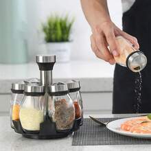 Spice Rack Pepper Shaker Spice Organizer Kitchen Condiments Rotating 6 Pieces - Black - View 2