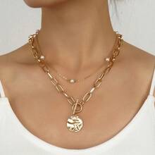 2 piezas Collar de aleación con baño de oro grueso, cadena con perlas falsas y cierre de lengüeta, diseño lujoso