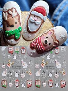 2 Stücke Glitzer Weihnachts 5D Prägung Nail Art Aufkleber Dekor Weihnachtsmann Pinguin Hirsch Schneeflocken Kugel Schal Feiertags Designs selbstklebende DIY Slider Maniküre Nail Art Zubehör Geschenk für Frauen Mädchen