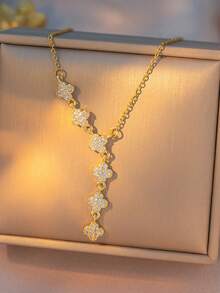 1pc Stainless Steel Luxury Tassel Clover Micro-Inlaid Full Diamond Necklace, Exquisite Sparkling Floral Collarbone Chain, No Gift Box - Tassel Four-leaf Necklace - View 2