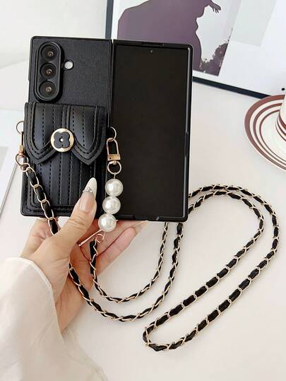 1pc Four-Leaf Clover & Flower Card Holder With Strap, Black/White, Women, Christmas Gift, Suitable For Samsung Galaxy Z Fold7, Galaxy Z Fold6, Galaxy Z Fold5, Galaxy Z Fold4, Galaxy Z Flip7, Galaxy Z Flip6, Galaxy Z Flip5, Galaxy Z Flip7 FE