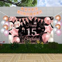 Black Pink Happy 15th Birthday Banner Backdrop Kit With 12 BalloonsCake Topper1.8m X 1.15m Birthday Decorations For Parties Photography Premium Party Supplies For Women Girls