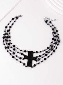 1 pieza Collar de capas con cuentas y cruz de estilo punk gótico para mujer, accesorio para fiestas, festivales de música, reuniones